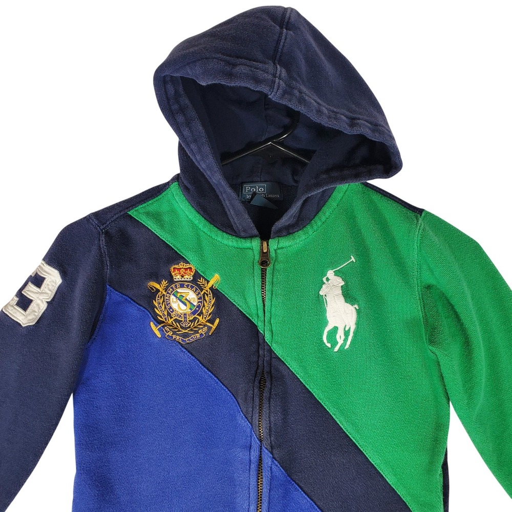 Polo Ralph Lauren Kids Big Pony Colorblock Full Zip Hoodie Blue Green Size 7